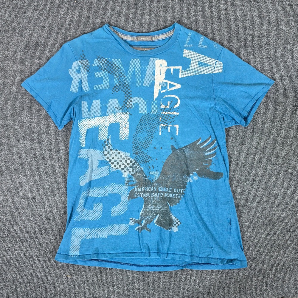 Y2K American Eagle Outfitters Mens Blue Eagle Graphic T-Shirt Vintage Fit Large